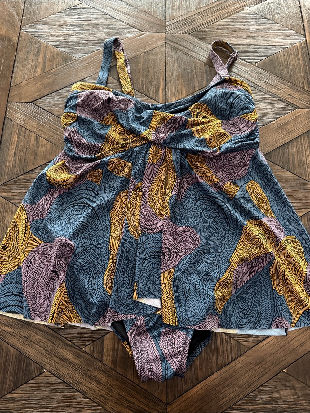 Ryllace Blouson One-Piece Swimsuit Size 14 Blue Purple Gold Abstract Print